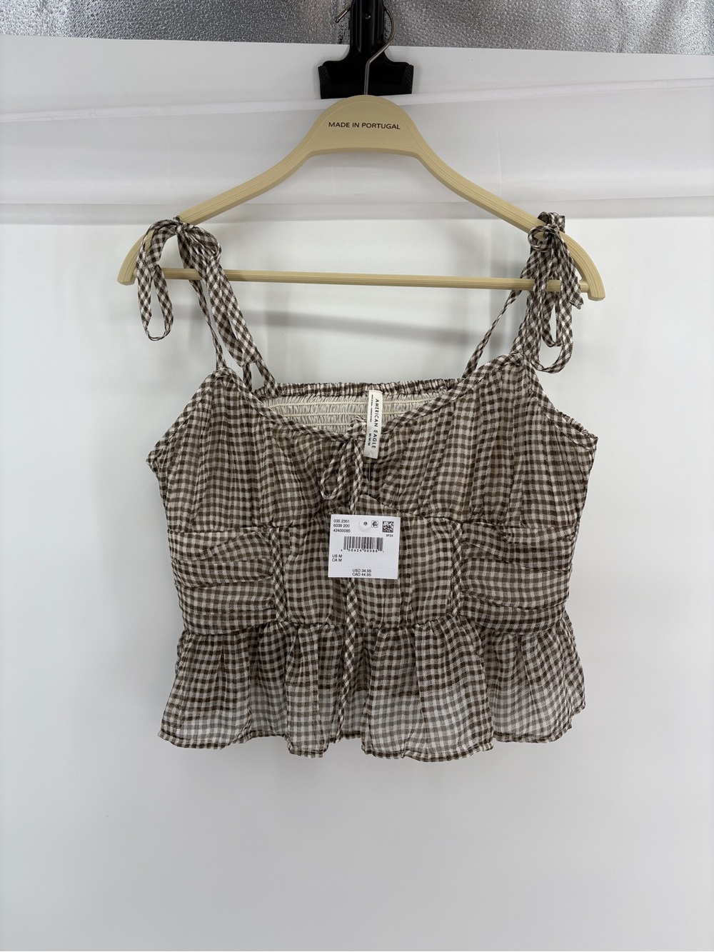 American Eagle Gingham Tie Strap Crop Top Womens Medium Brown White NWT Smocked